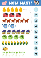 Count and match activity page for kids with cute farm objects and animals. How many puzzle game template for school and preschool. Vector illustration