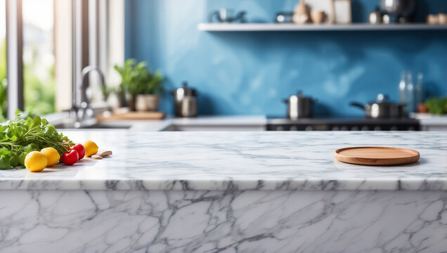 The empty white marble table top with blur background of blue kitchen. For product display