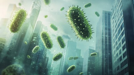 Illustration of Bacillus anthracis bacteria in a bioterrorism scenario, with spores being released in an urban environment 