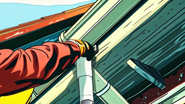 Roofer installs plastic pipe gutter system on residential home roof for water management, close up animation