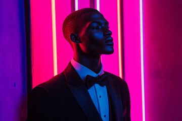 Fototapeta premium Stylish Man in Classic Black Tuxedo with Solid Neon Purple Accents, Captured in a Contemporary Lifestyle Portrait