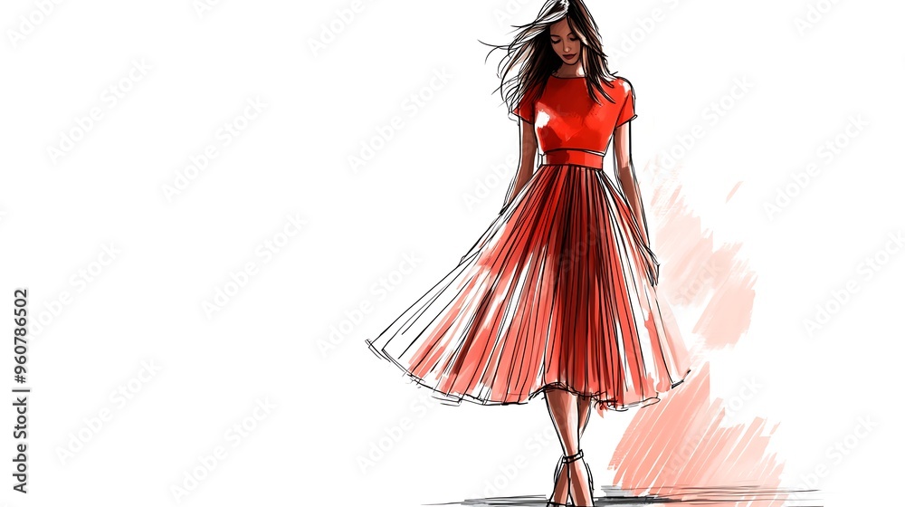 Sticker a woman in a red dress with flowing hair walks with a confident stride.