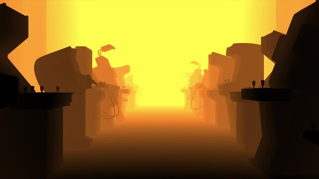 Futuristic Retro Arcade Machine Room with the gradient of colors ranging from Deep Yellow to a brighter hue creates an other worldly ambiance. Seamless Loop video