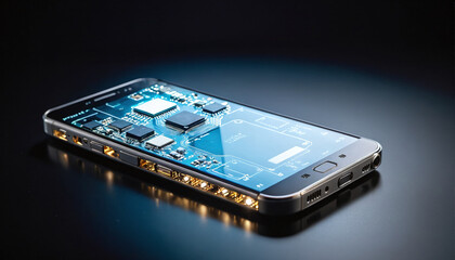 Illustrative fictional representation of a transparent cell phone shows the technology, circuit paths and microprocessors inside