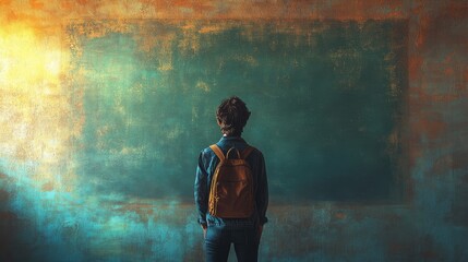 Obraz premium Minimalist depiction of a teacher in education with a serene expression professional portrait against a softly faded background in a school setting with ample copy space for text academic learning env