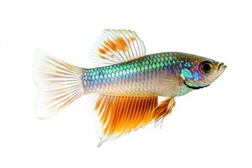 Fototapeta premium the beside view Roundtail Guppy Fish, left side view, white copy space on right, Isolated on White Background