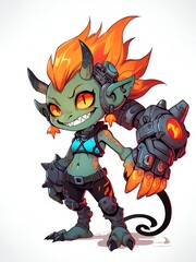 Fiery Demon Girl with Mechanical Arm