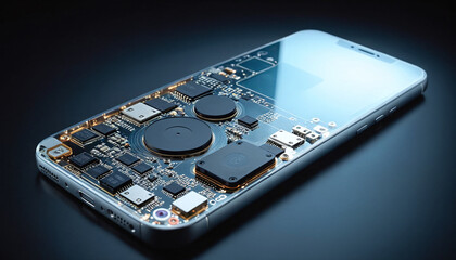Illustrative fictional representation of a transparent cell phone shows the technology, circuit paths and microprocessors inside