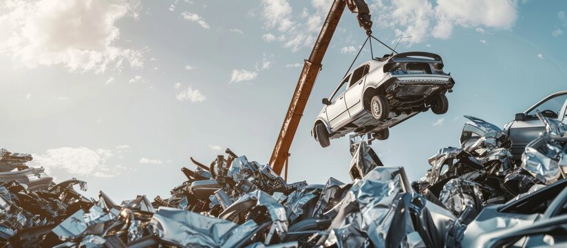 Car dump with excavator. pile of damaged cars