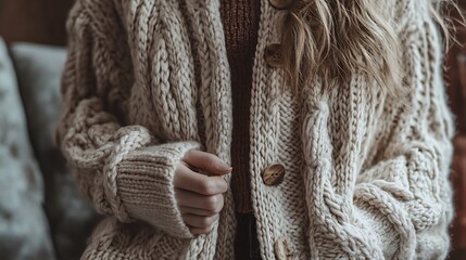 Close up of a woman wearing a chunky knit cardigan.