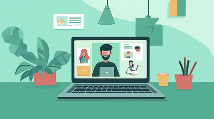 Laptop on a desk with a video call, people in squares.