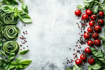 Zucchini noodles and vine tomatoes with basil and peppercorns