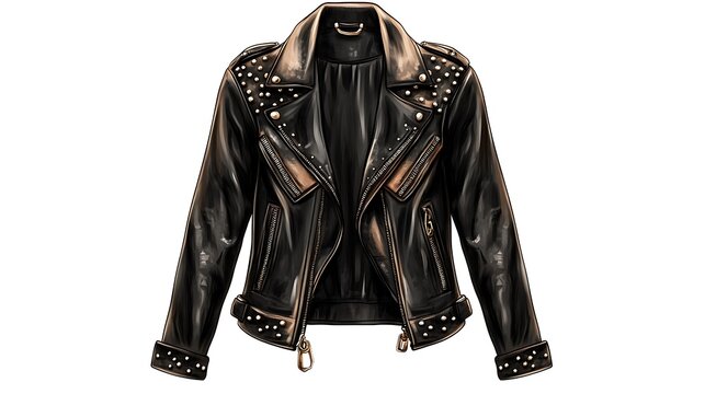 Black leather jacket with silver studs and zipper detail.