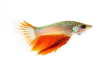 Fototapeta premium Mystic portrait of Delta Tail Guppy Fish in studio, copy space on right side, Close-up View, isolated on white background
