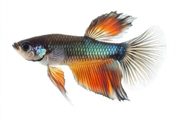 Fototapeta premium the beside view Fantail Guppy Fish, left side view, white copy space on right, Isolated on White Background