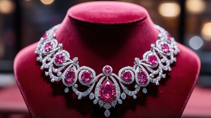 Obraz premium A stunning pink sapphire and diamond necklace displayed on a red velvet mannequin.