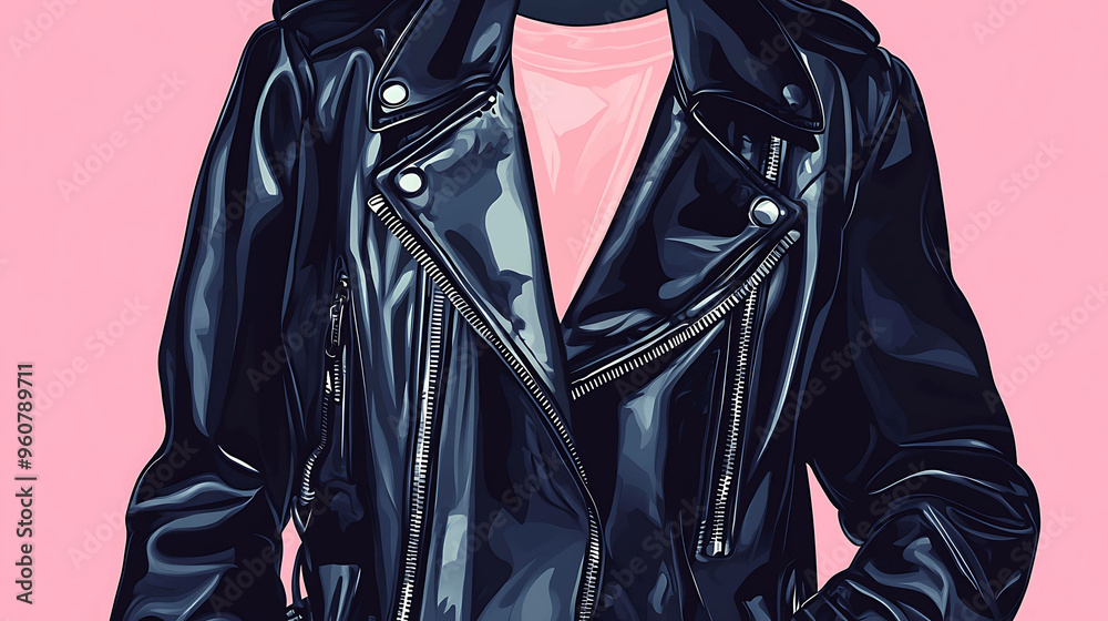 Wall mural close-up of a shiny black leather jacket with a pink shirt underneath.