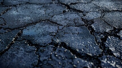 Cracked pavement with water puddles reflecting light during early morning in a quiet urban area
