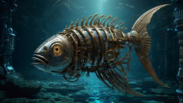 A steampunk fish swims through the underwater world.