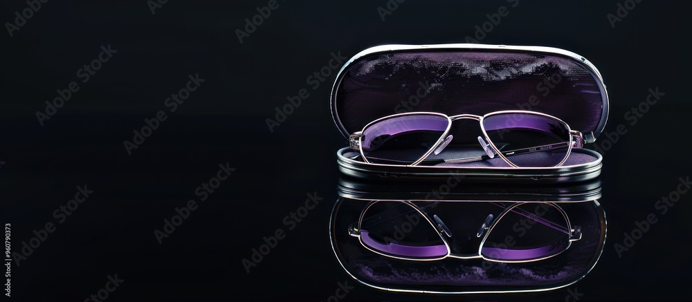 Wall mural glasses with case. Photo of glasses with purple reflection with box