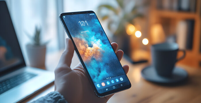 A person is holding a cell phone with a blue screen showing the time as 12:23