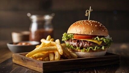 delicious burger meal with fries