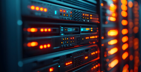 A computer server room with many servers and a lot of lights