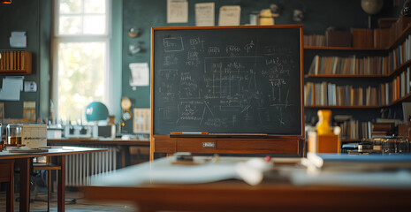 A blackboard with a complex equation on it sits in front of a desk with books