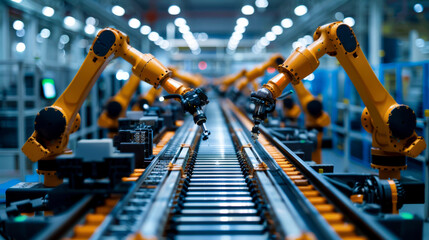 Automated production line in high tech factory with robotic arms working efficiently.