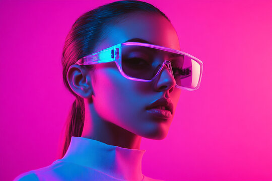 Woman Posing in Holographic Sunglasses with Neon Pink Highlights, Captured in a Chic Fashion Lifestyle Background