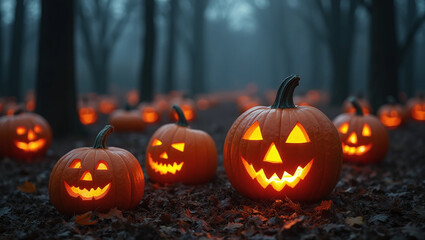 Glowing Jack-o'-Lanterns in an Eerie Forest, generative Ai