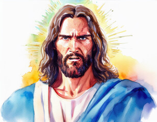 Fototapeta premium Watercolor Portrait of Jesus Having Angry Expression