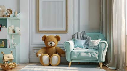 Playful and Stylish Kid's Room with Plush Toys and Mint Armchair