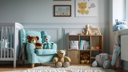 Playful and Stylish Kid's Room with Plush Toys and Mint Armchair