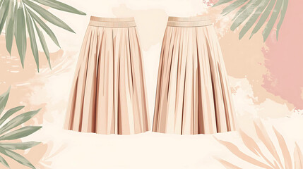 Two peach-colored pleated skirts against a watercolor background with palm leaves.