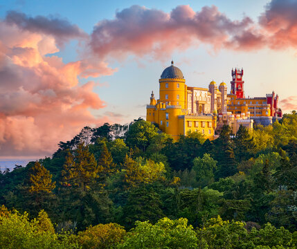 Sintra, Portugal. Palace of Pena in the National park near Lisbon. Sunrise among green trees. Beautiful fairytale castle forest pine-trees. Panoramic summer view at palace. Sunlight clouds on sky