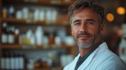 Fototapeta premium Minimalist depiction of a pharmacist in healthcare with a serene expression professional portrait against a softly faded background in a pharmacy or drugstore setting with ample copy space for text me
