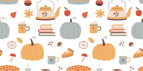 seamless pattern with autumn elements. Hand drawn vector. Cute design for fabric, textile and autumn decor.