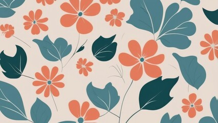 A seamless pattern featuring coral flowers and teal leaves on a light background.