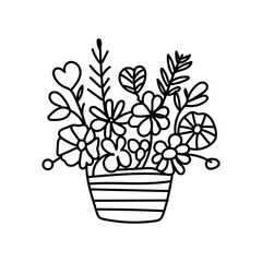 Vector black flowers vase icon, simple outline Hand-drawn Flowers bouquet image, botanical lines art flower, Minimalist contour drawing of flower pot. 