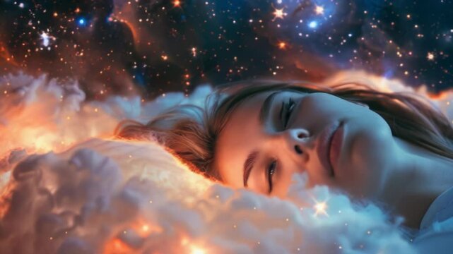 A serene and peaceful young woman is peacefully dreaming while floating in a vast galaxy full of stars and colors