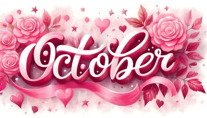 Pink October poster with artistic cursive style and vivid pink roses among soft floral touches. Breast Cancer Awareness Month. Graphic art illustration