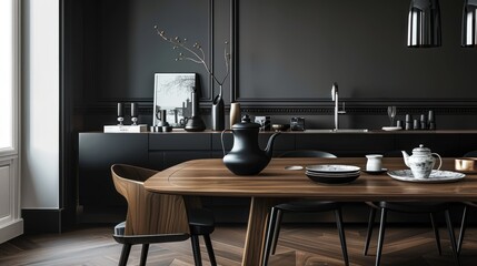 Sleek Black Dining: Modern Dining Room with Design Wooden Table and Elegant Accessories