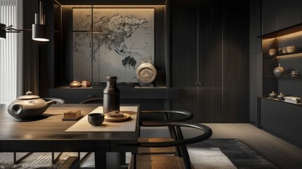 Sleek Black Dining: Modern Dining Room with Design Wooden Table and Elegant Accessories