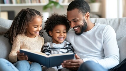 Parents and children sitting together on a sofa, reading a storybook, with smiles and attentive expressions, showcasing bonding time