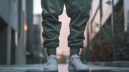 A person wearing white sneakers and green pants standing in an urban setting.