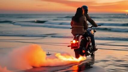 couple on motorcycle on the beach