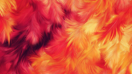 A striking seamless pattern combining fluffy fur with vibrant phoenix feathers in bright hues of red, orange, and yellow, evoking the powerful essence of rebirth and fiery transformation.