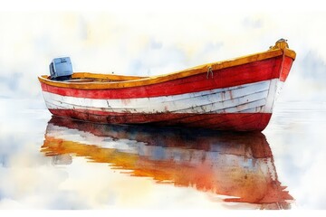 Obraz premium A red, white, and yellow boat with a small motor is floating in a calm body of water with a reflection in the water. The sky is light blue with white clouds.