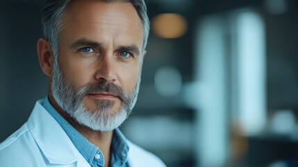 Minimalist depiction of a general practitioner doctor in healthcare with a serene expression professional medical portrait against a softly faded background in a clinic setting with ample copy space f